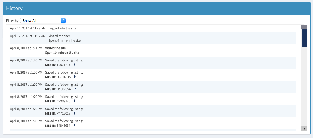 Full Customer Activity History: Real Estate CRM System Customer Activity History Interface
